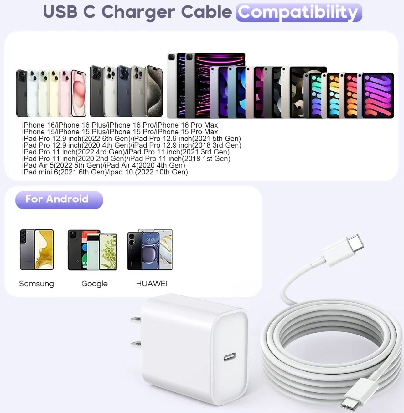 10Ft iPhone 17 16 15 Charger Fast Charging Type C Chargers USB C Charger Block i Phone 16 Chargers with 3 Pack 10FT Cable for iPhone 16/16 Plus/16 Pro/
16 Pro Max/iPhone 15/15 Pro Max/Samsung(White)
