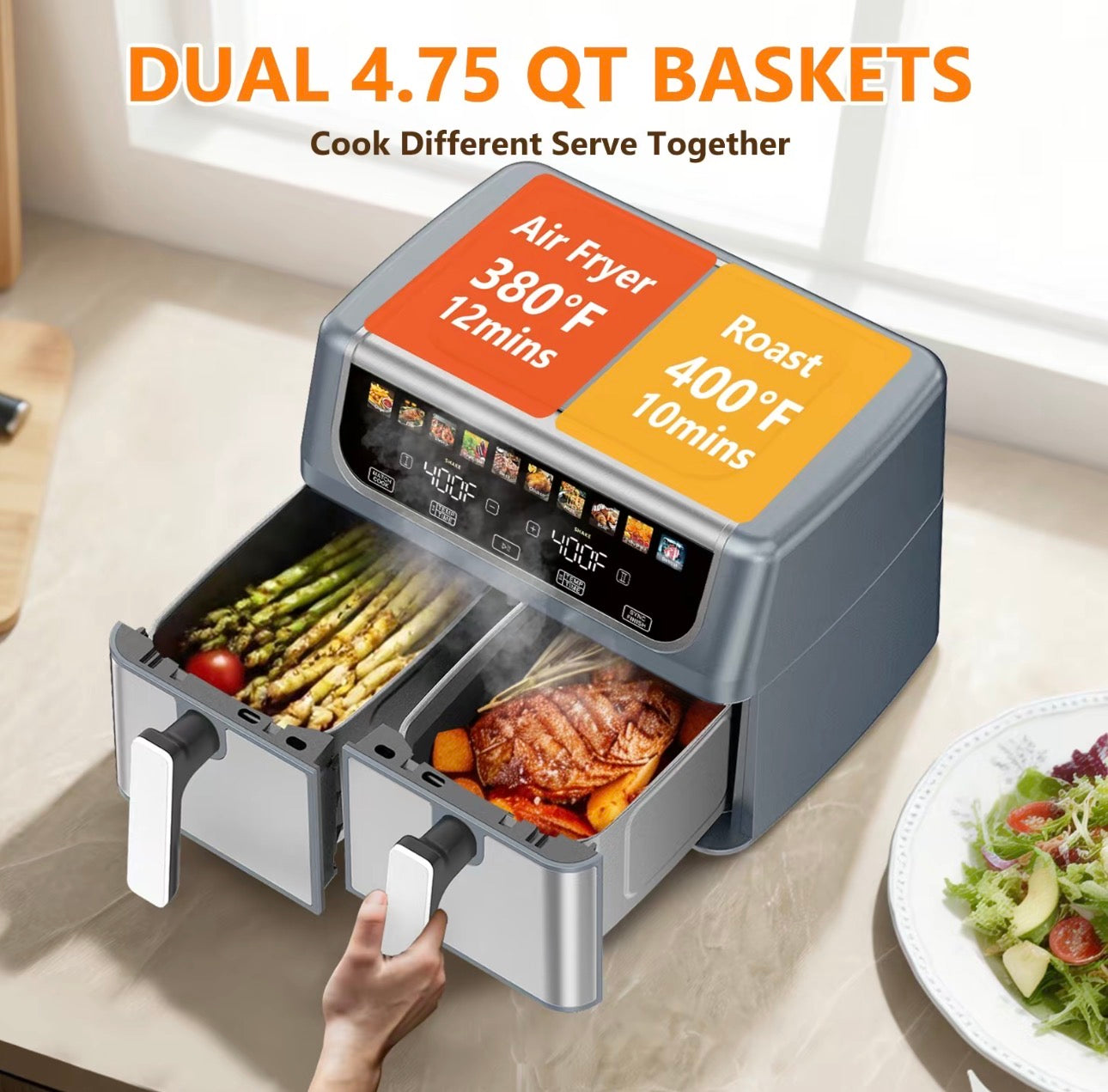 9QT Dual Basket Air Fryer, 2 Independent 4.75QT Nonstick Baskets with Easy View Windows, Sync Finish & Hi-Fry Functions, Digital Double Air Fryer, Black