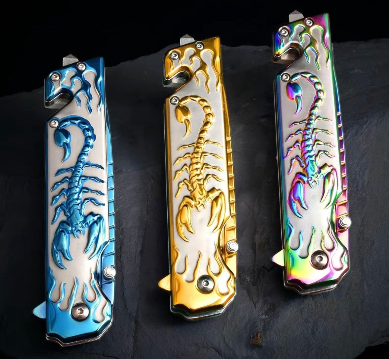 3D scorpion embossed manual outdoor folding knife, suitable for outdoor camping and hiking, durable men's EDC gift, Christmas gift, birthday gift.