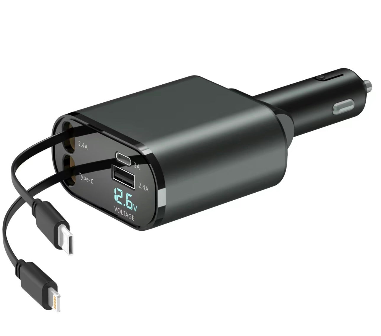 4-in-1 Retractable Car Charger, 100W USB-C Fast Adapter with Lightning Cable & Dual Ports for iPhone, iPad, AirPods, Samsung, Google Pixel