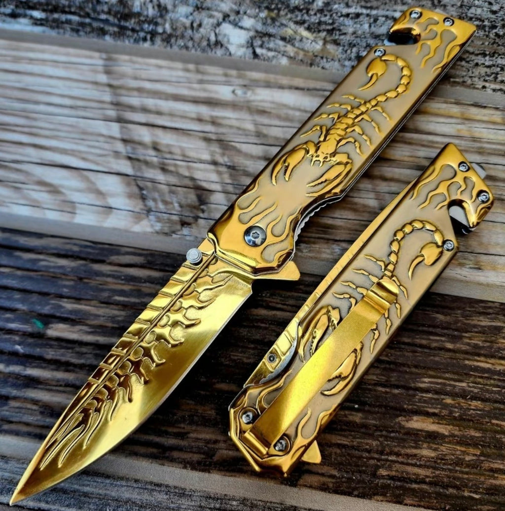 3D scorpion embossed manual outdoor folding knife, suitable for outdoor camping and hiking, durable men's EDC gift, Christmas gift, birthday gift.