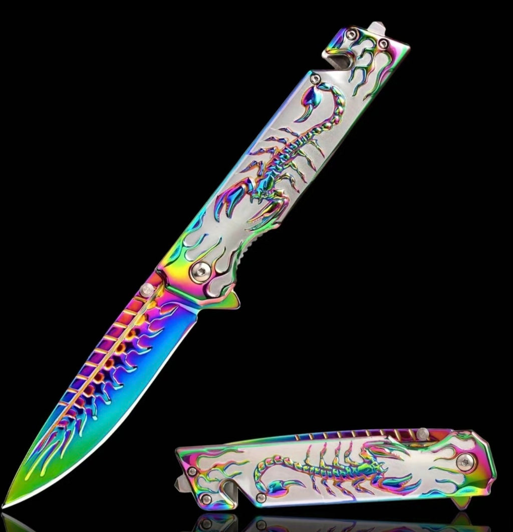3D scorpion embossed manual outdoor folding knife, suitable for outdoor camping and hiking, durable men's EDC gift, Christmas gift, birthday gift.