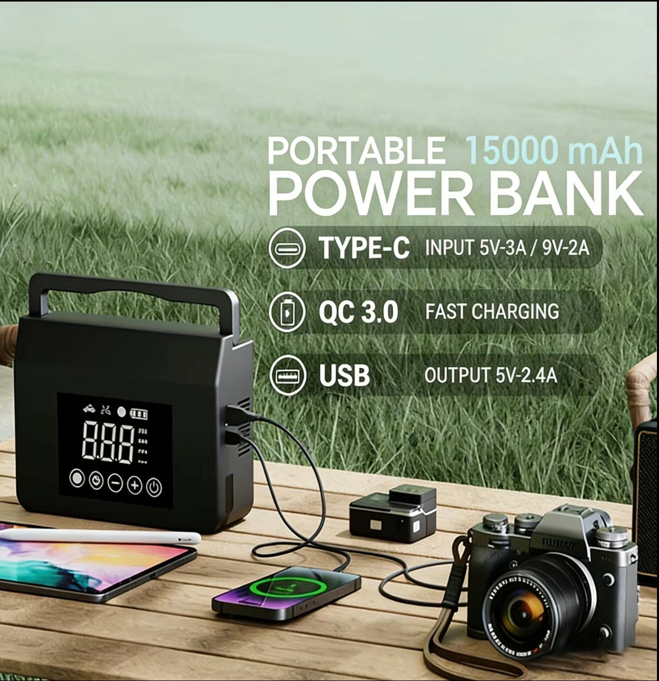 Portable 4000A car jump starter with built-in 150 PSI tire inflator, 15,000mAh power bank, and LED light