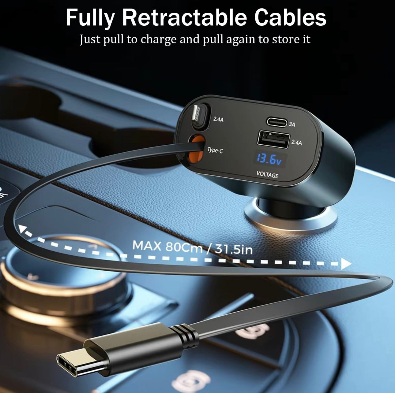 4-in-1 Retractable Car Charger, 100W USB-C Fast Adapter with Lightning Cable & Dual Ports for iPhone, iPad, AirPods, Samsung, Google Pixel