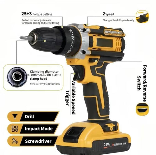 21V Cordless Drill Set, Impact Drill Screwdriver with Work Light, Adjustable Speed, Comes with 2 Batteries and Fast Charger, Complete Drilling Tools and Storage Case, Ideal for Home Maintenance, Men | Christmas Holiday Gift
