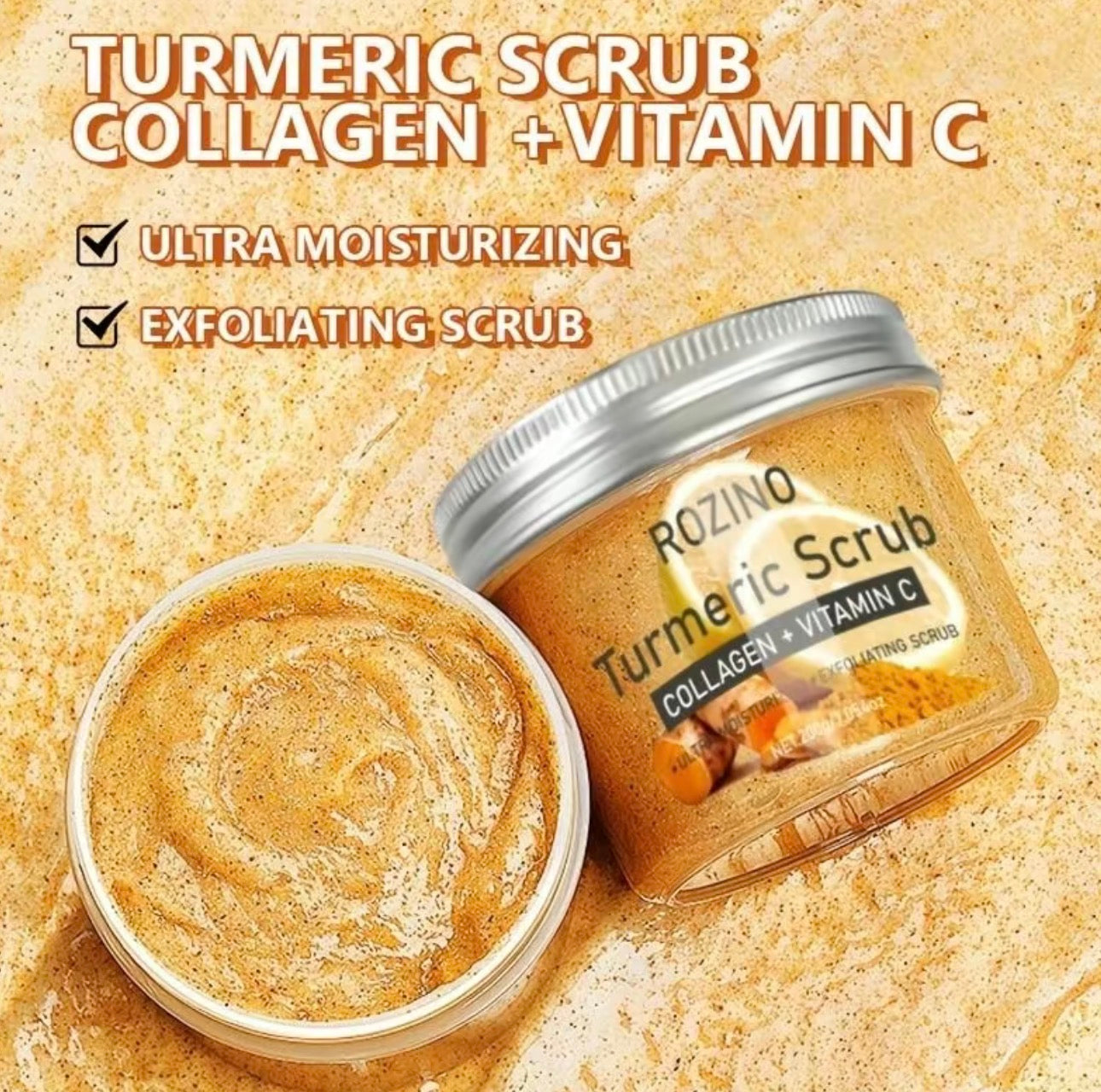 ROZINO Turmeric Scrub with Collagen & Vitamin C Ultra Moisturizing Exfoliating Skincare for All Skin Types