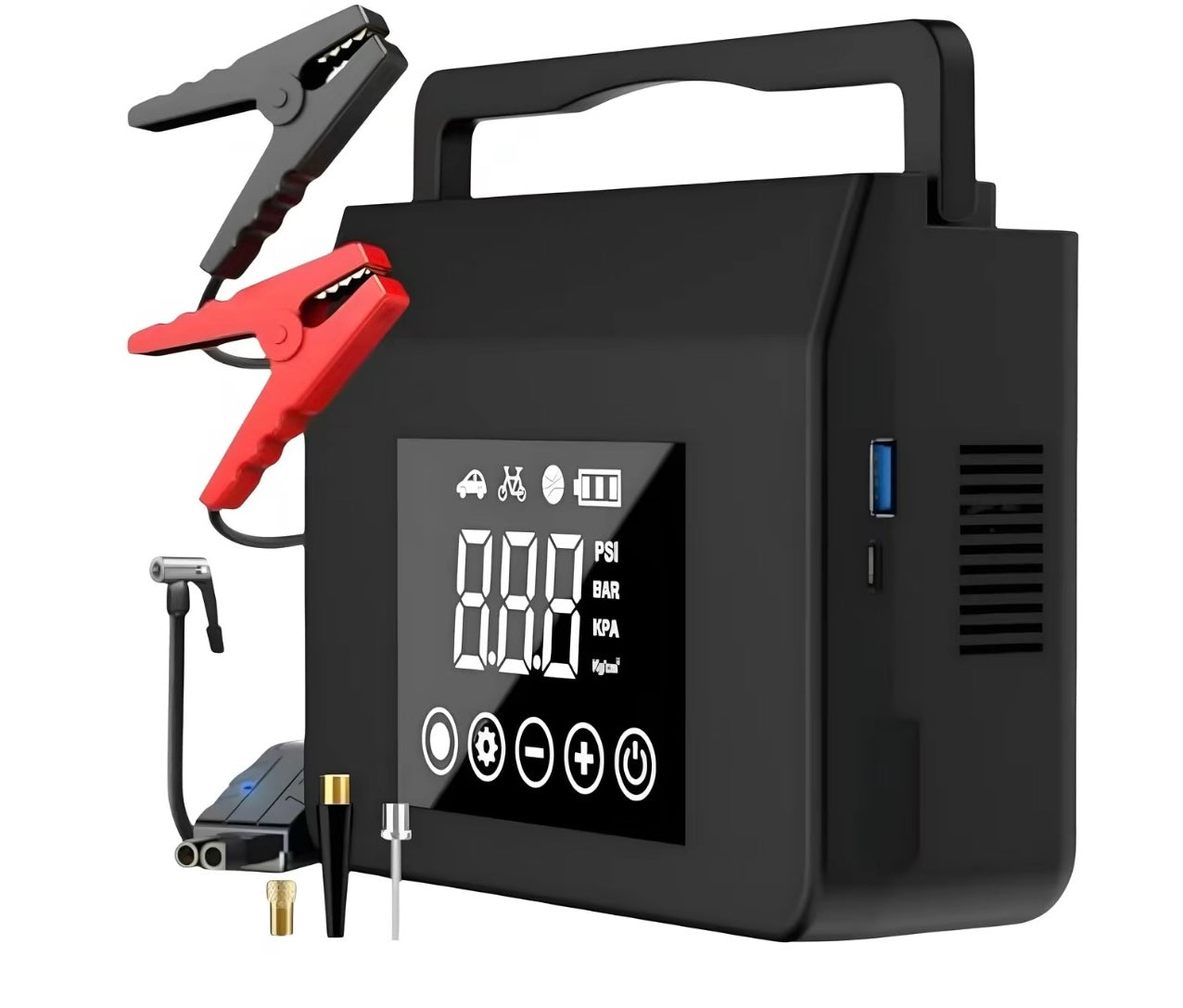 Portable 4000A car jump starter with built-in 150 PSI tire inflator, 15,000mAh power bank, and LED light
